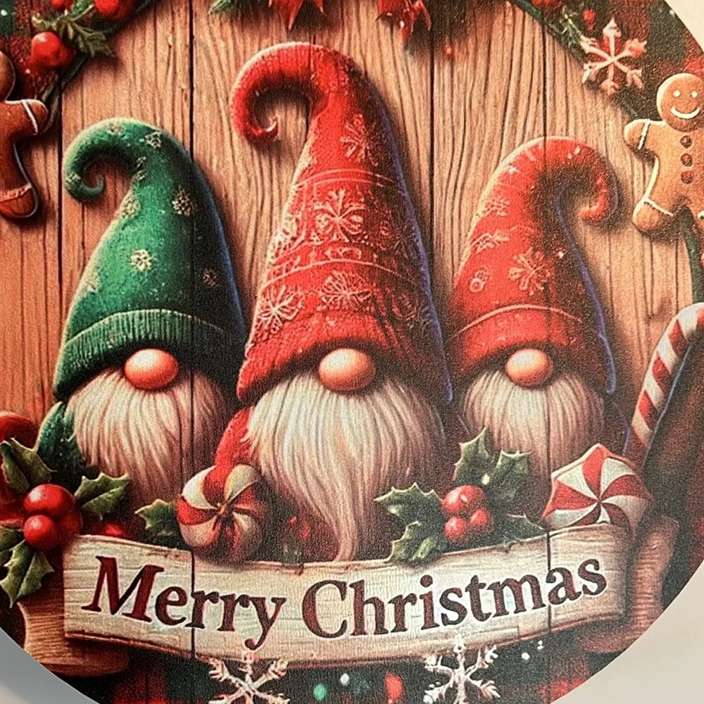Wooden Christmas wreath, “Merry Christmas Gnomes and Gingerbread Men” 7.87”